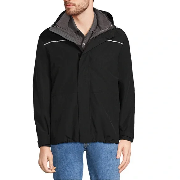 NWT 🧥 LANDS END ALL SEASON BLACK WATERPROOF WINDPROOF LINED HOODED COAT Men’s L - Picture 3 of 7